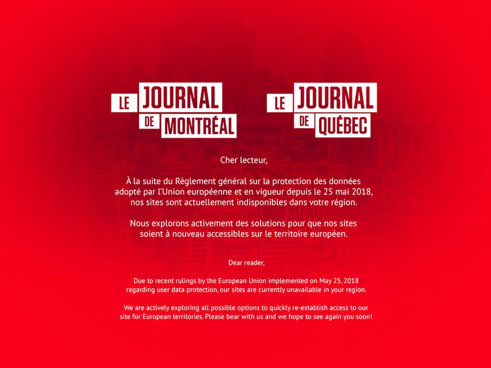 Un panneau indique que les sites du Journal de Montréal et du Journal de Québec sont indisponibles.