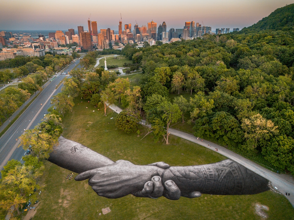 Fresque géante sur le gazon du mont Royal.