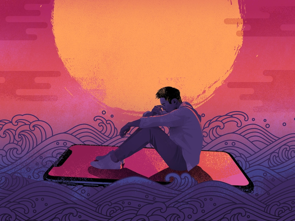 Illustration d'un jeune homme seul et désespéré devant un soleil levant assis sur un téléphone géant qui lui sert de radeau dans une mer mouvementé.