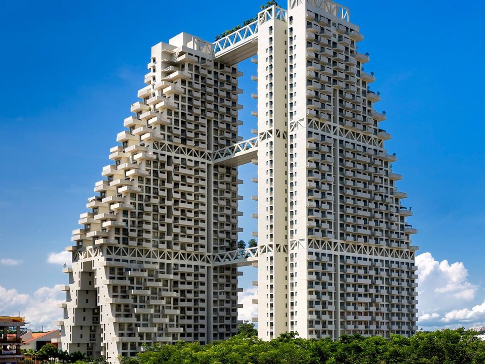 Le projet architectural Sky Habitat de Singapour, vu de côté. 