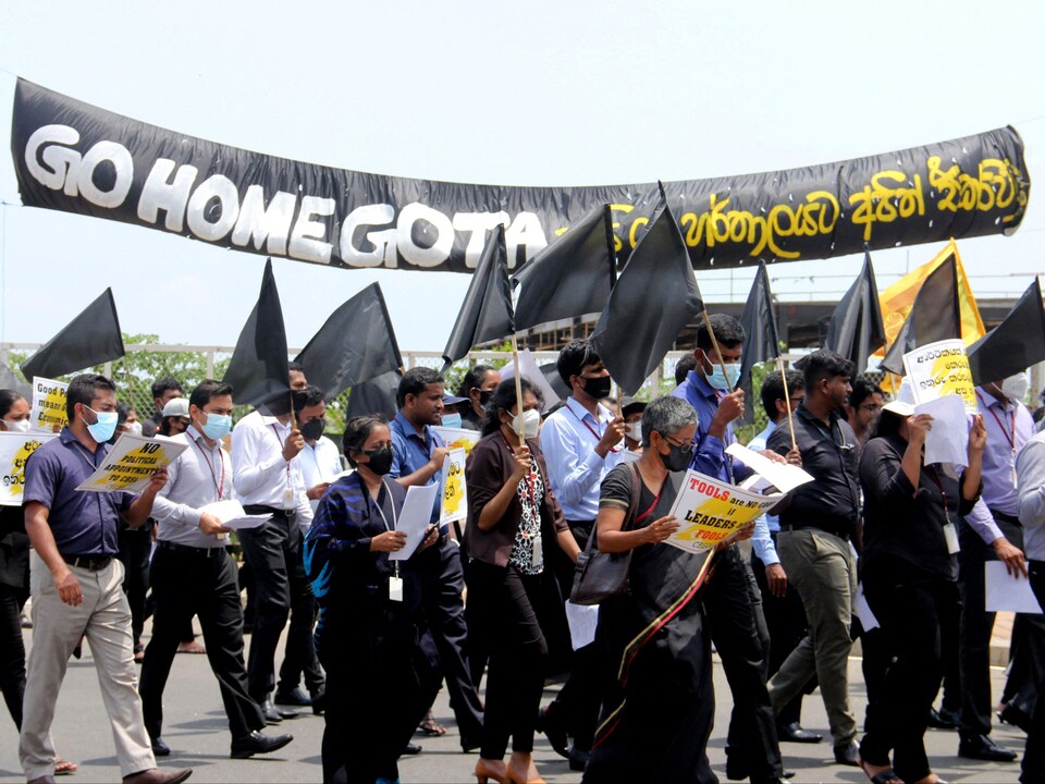 Des gens marchent en tenant une bannière qui porte la mention «Rentre à la maison, Gota» en anglais.