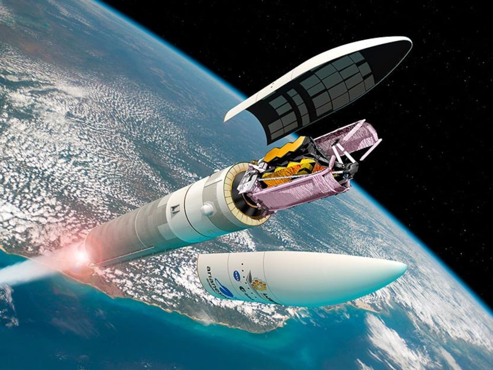 Illustration artistique montrant le détachement du télescope Webb de la fusée Ariane dans l'atmosphère terrestre.