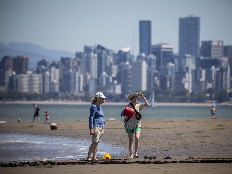 Deux personnes sont debout à la plage avec des gratte-ciel derrière. 
