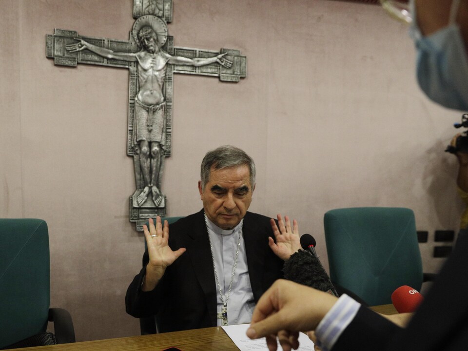 Cardinal Angelo PCU speaks to reporters at a press conference in September 2020.