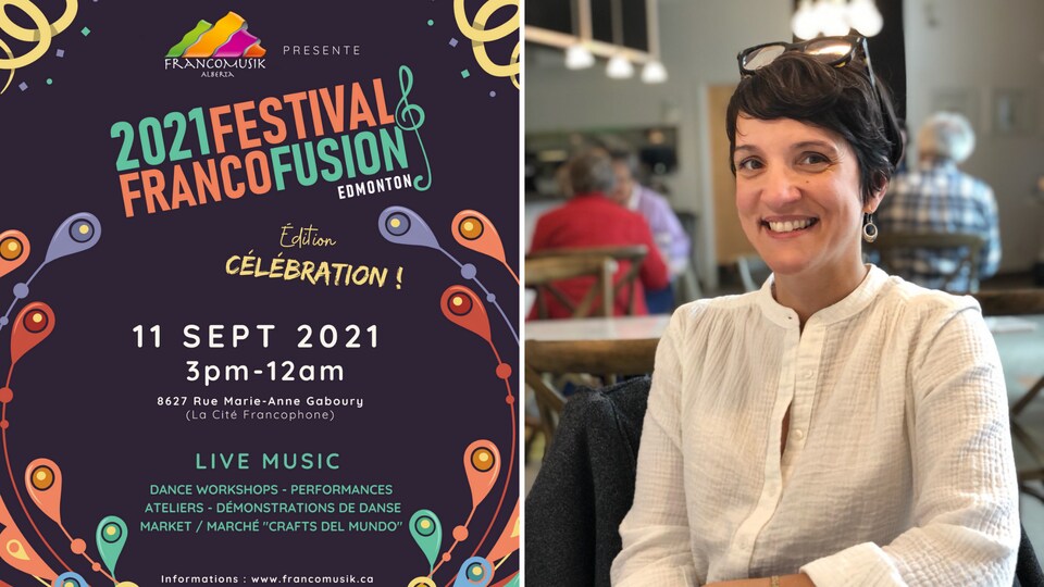 Une femme pose pour la caméra dans un café. L'affiche du festival FrancoFusion.