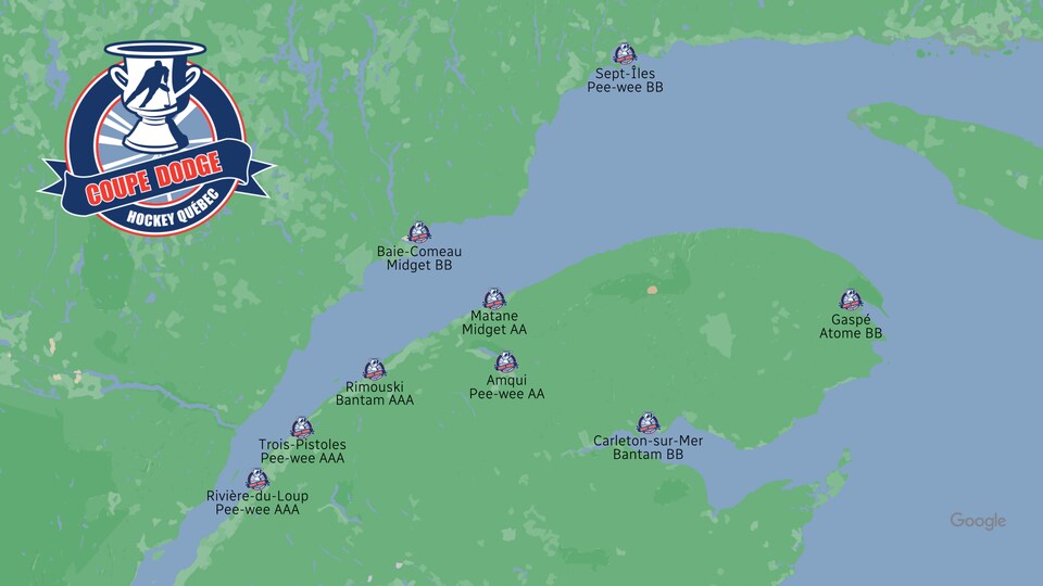 Une carte regroupant les villes de la Gaspésie, de la Côte-Nord et du Bas-Saint-Laurent qui participent à la 43e Coupe Dodge. 