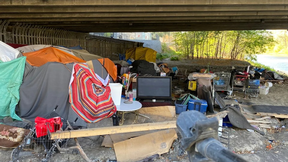Un campement temporaire situé sous un pont. 