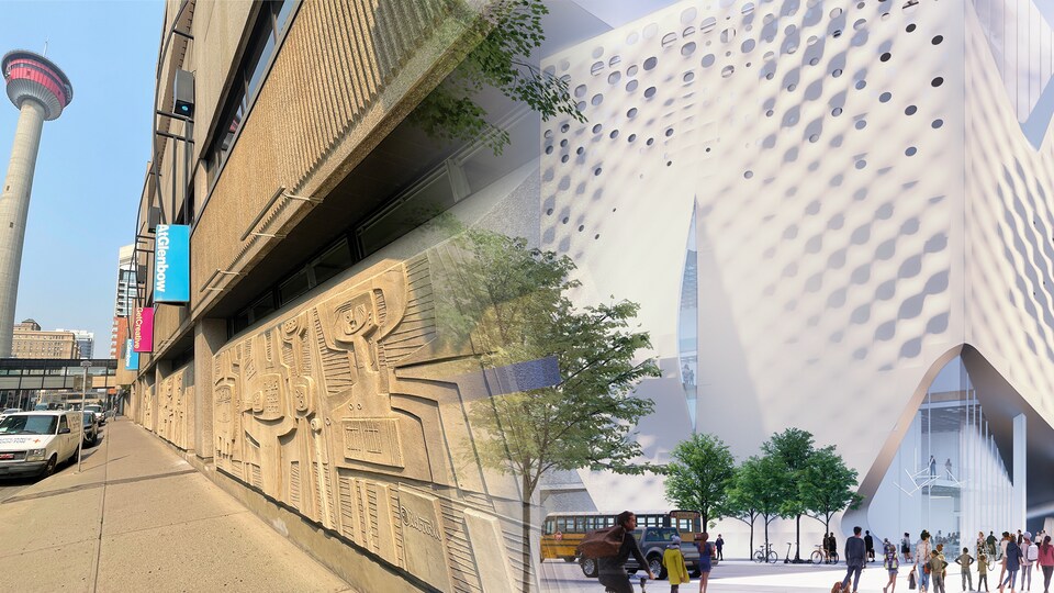 Un photomontage montre une façade en béton sur la gauche et un dessin d'architecte d'un édifice avec plusieurs fenêtres sur la droite.