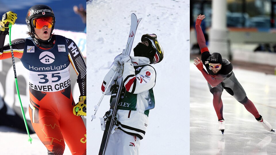 Montage de photos d'un skieur alpin, d'un skieur acrobatique et d'un patineur de vitesse