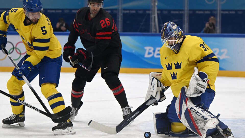 The Swedish goalkeeper makes a save.