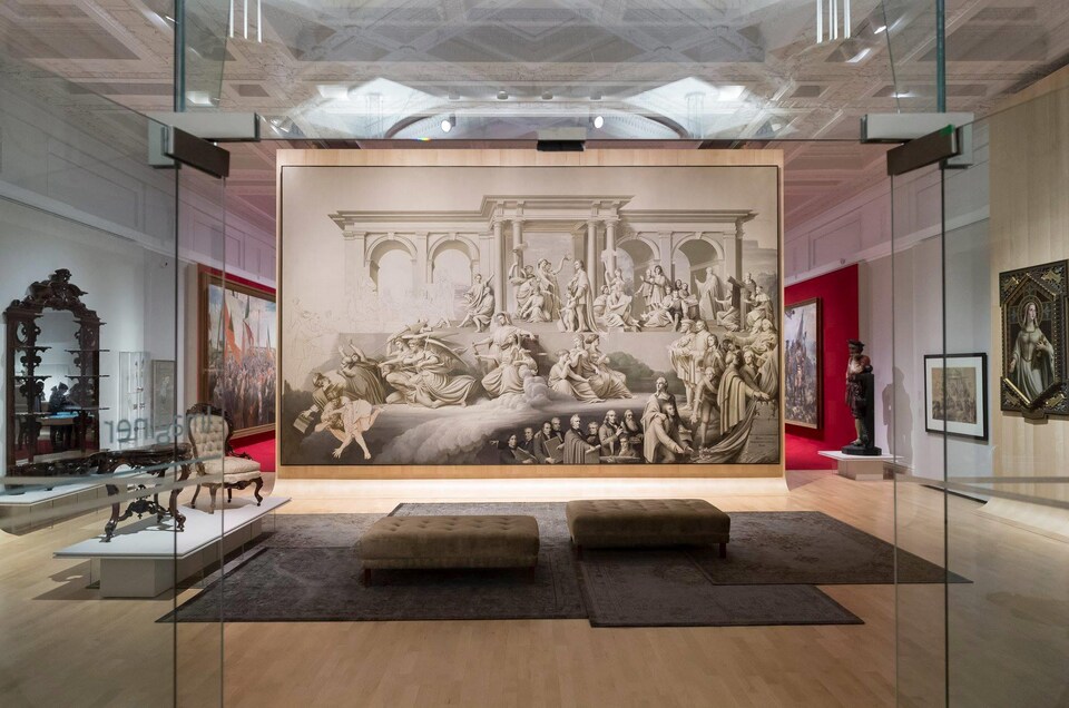 Salle « Imaginer » de l'exposition 350 ans de pratiques artistiques au Québec. Représentation de l'atelier de Napoléon Bourassa.