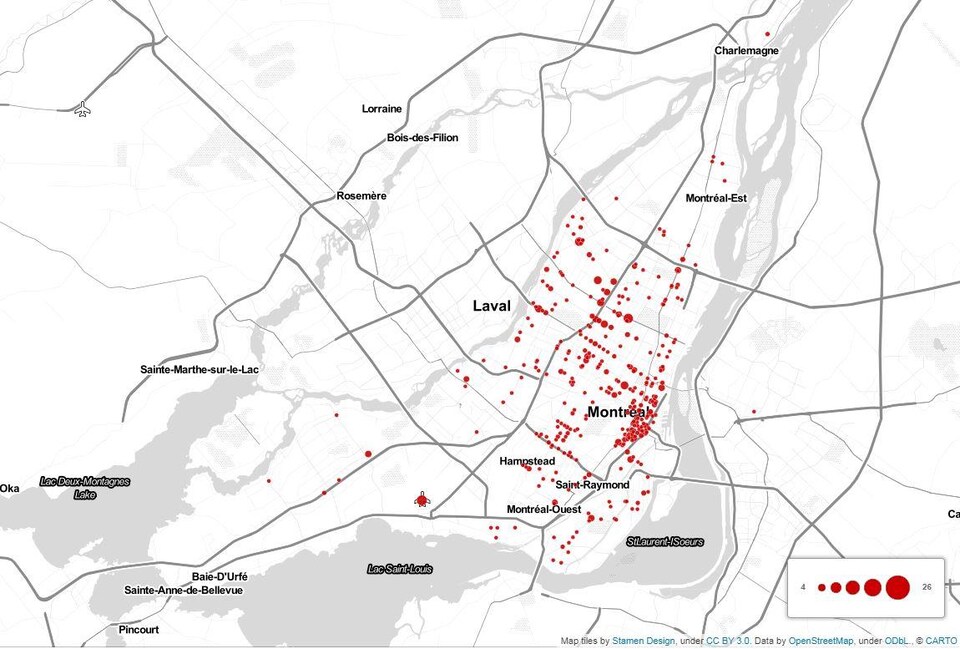 Carte montrant la concentration d'accidents à Montréal.