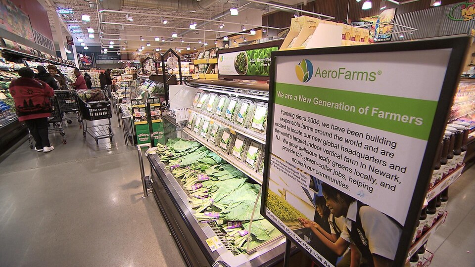 Produits d'AeroFarms dans un supermarché de Newark. On voit nombre de légumes dans un présentoir.