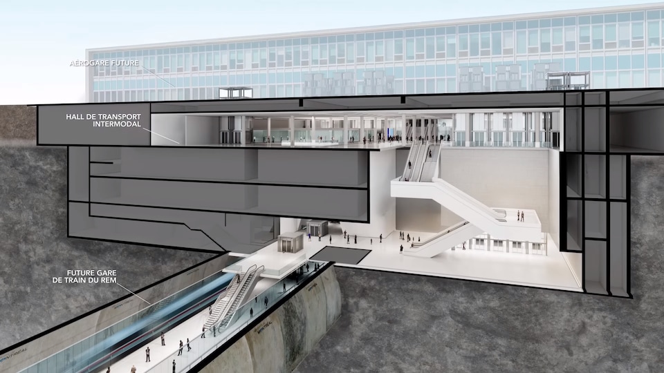 A sketch detailing the integration of the future REM station under the Montréal-Trudeau airport.