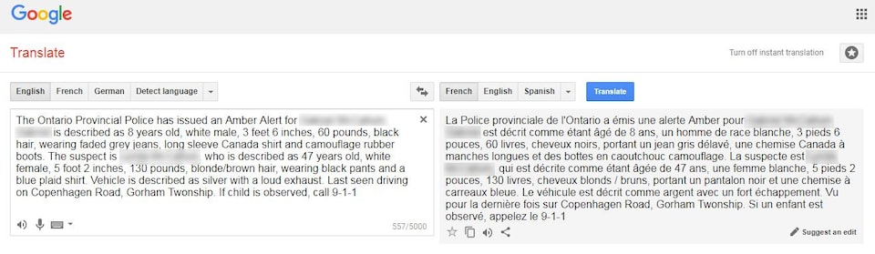 Une capture d'écran de la traduction du message de la PPO faite à l'aide de Google Translate.