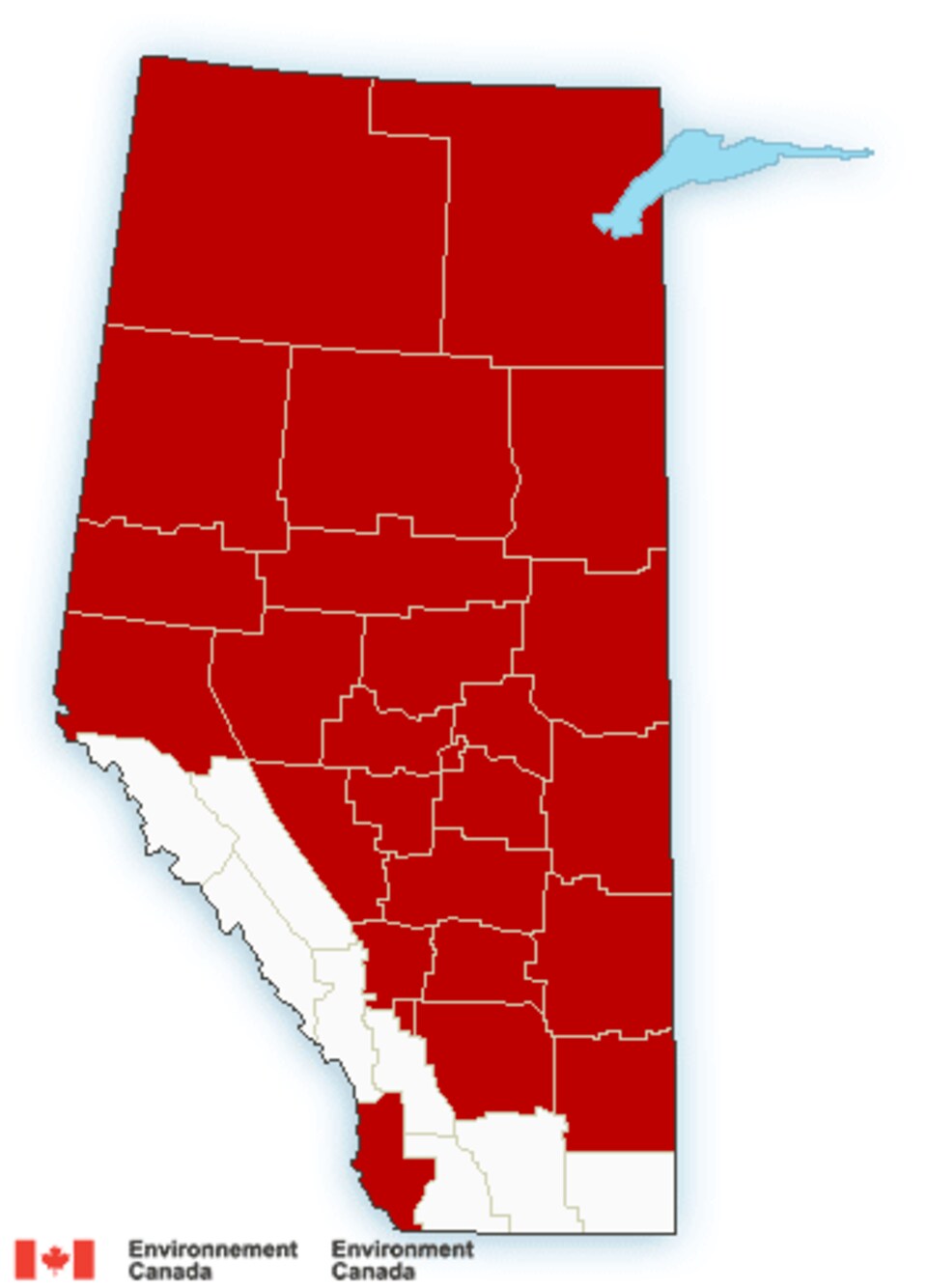 Carte de l'Alberta avec la plupart des régions colorées en rouge.