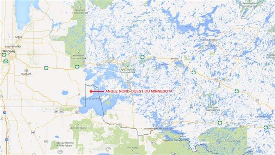 Une carte qui montre un territoire à l’intersection de l’Ontario, du Manitoba et du Minnesota.