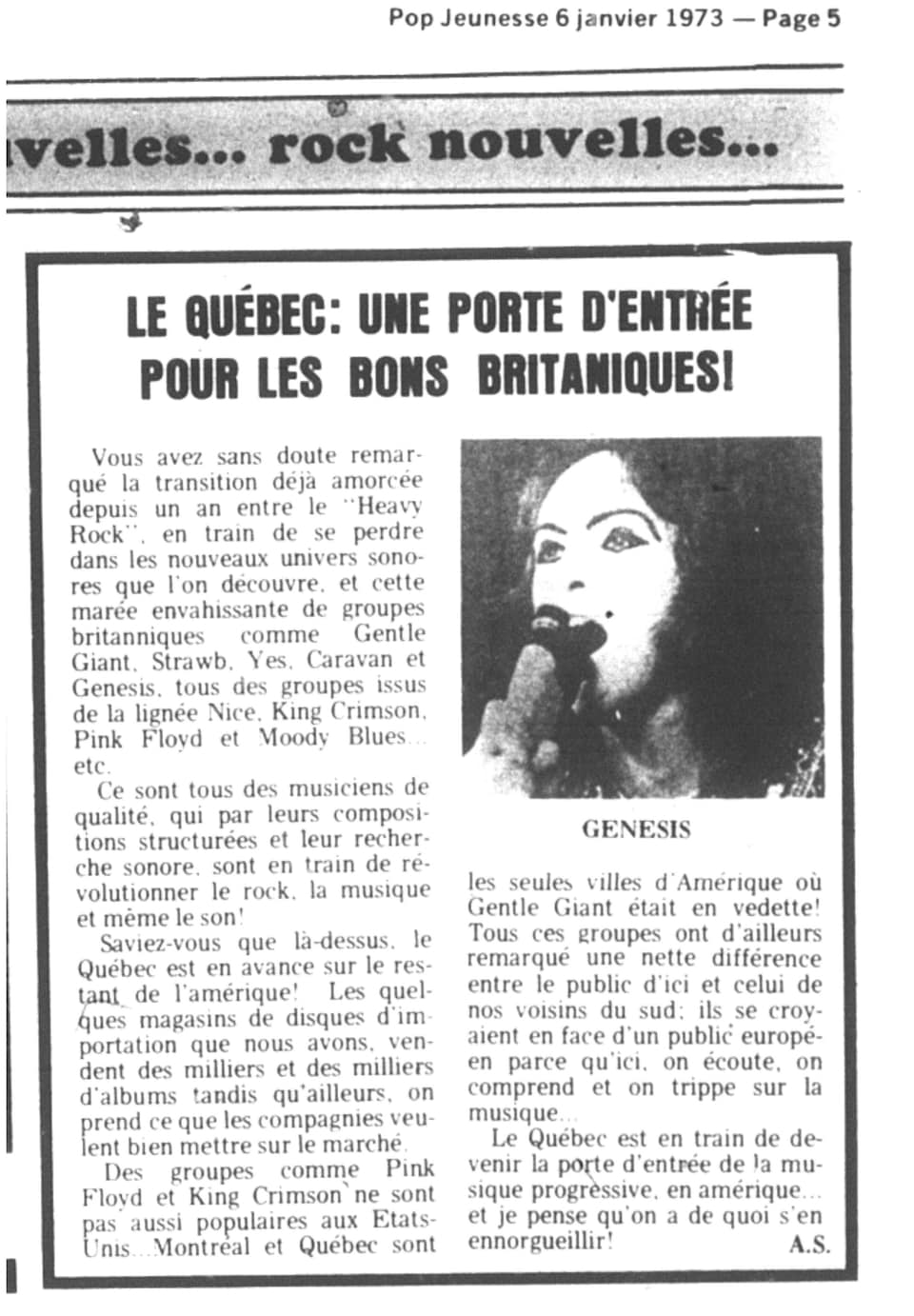 Un article du journal Pop Jeunesse de 1973 portant sur la vague  de nouveaux groupes britanniques.