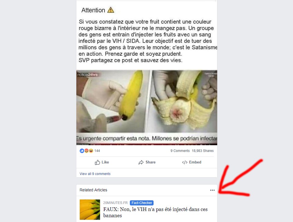 Sous la publication, Facebook a inséré un article intitulé, « FAUX: Non, le VIH n'a pas été injecté dans ces bananes ».