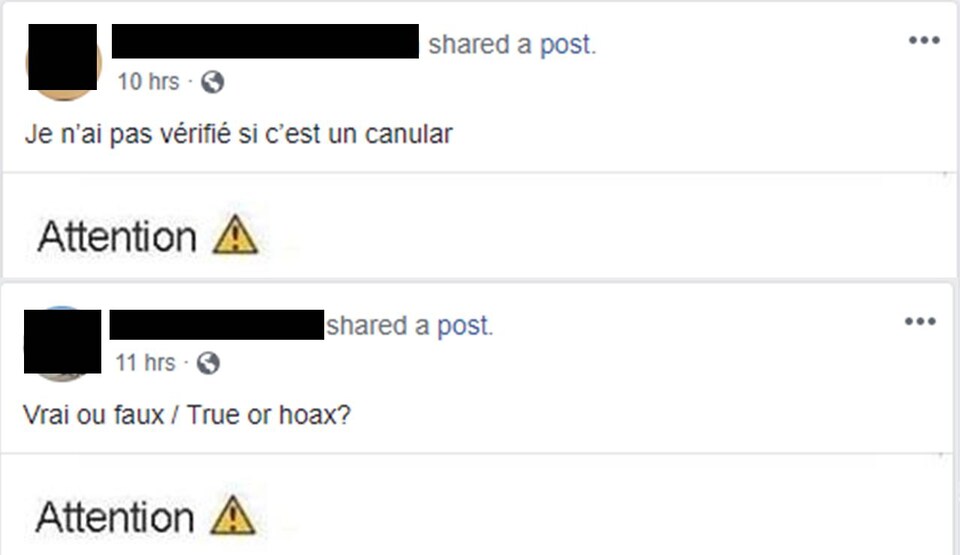 Une personne partage l'article en disant, « je n'ai pas vérifié si c'est un canular », l'autre en disant, « vrai ou faux ? »
