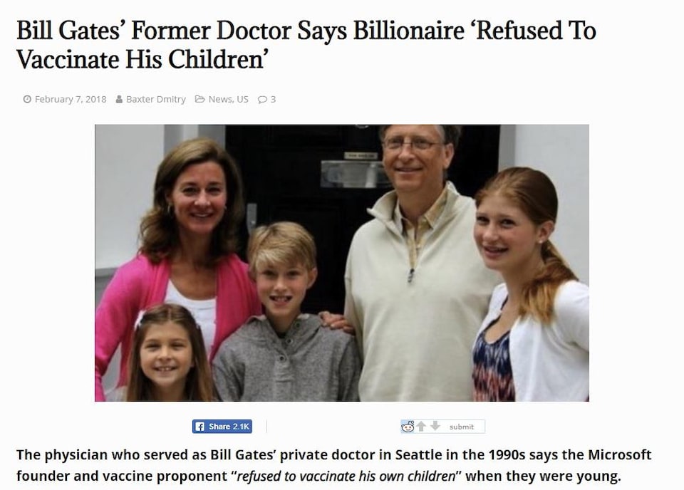 Un article intitulé L'ancien médecin de Bill Gates dit que le milliardaire a refusé de faire vacciner ses enfants. 