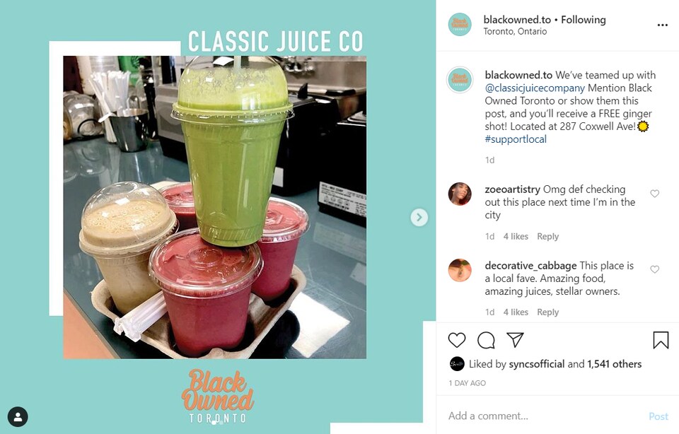 Une publication Instagram sur laquelle on voit des smoothies de différentes saveurs.