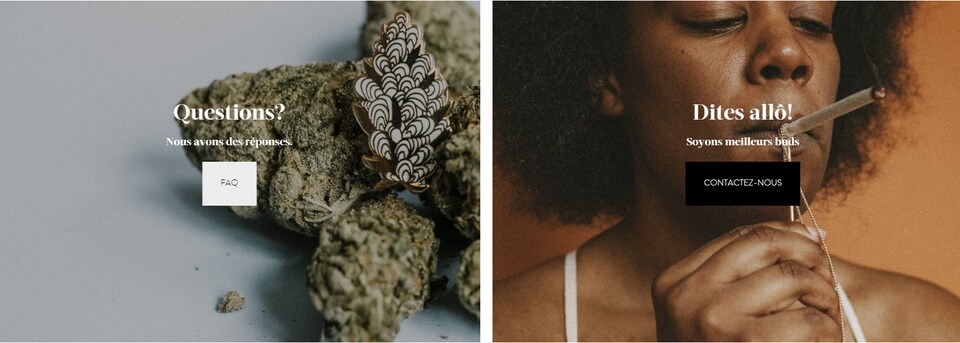 Sur le site web d'Allume, une épingle est posée sur des cocottes de cannabis et une femme noire fume une cigarette.