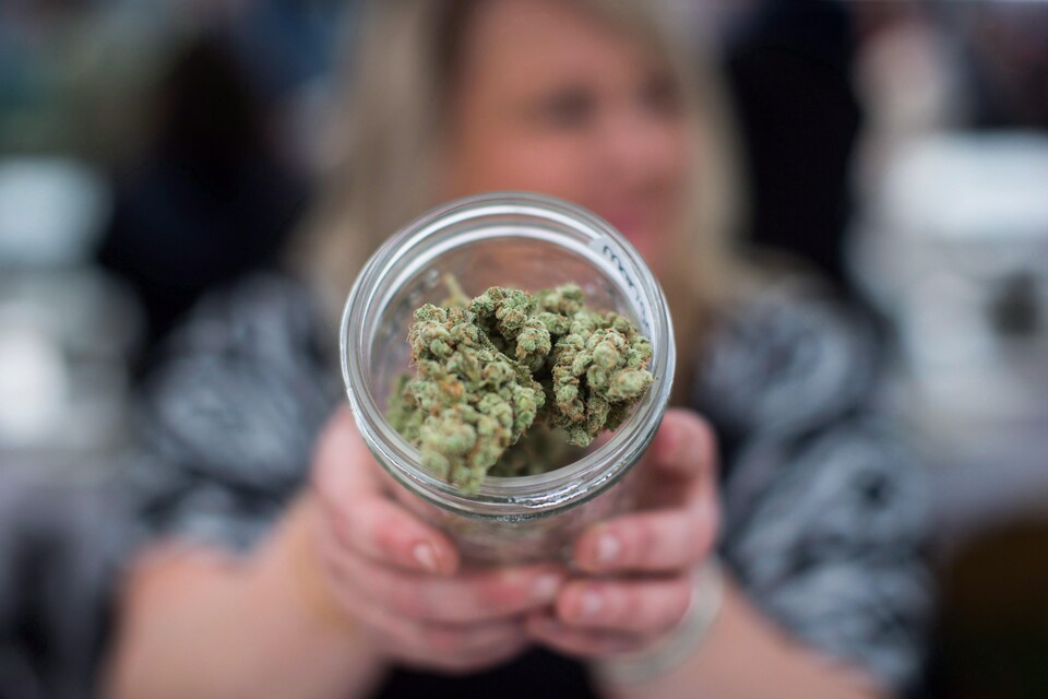De la marijuana dans un bocal en verre proposée dans un vendeur dans un comptoir de vente de cannabis