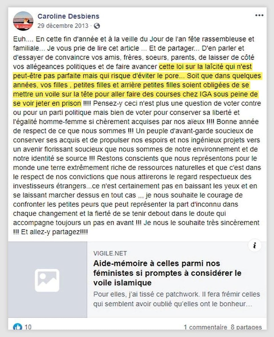 Publication de Caroline Desbiens sur sur mur Facebook, en date du 29 décembre 2013.