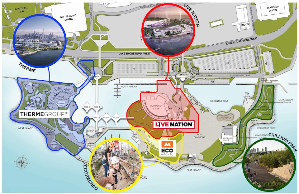 Des médaillons avec photos sur une carte montrent où sont situées les nouvelles attractions sur le site, soit l'amphithéâtre et les parcs aquatique et d'aventures.