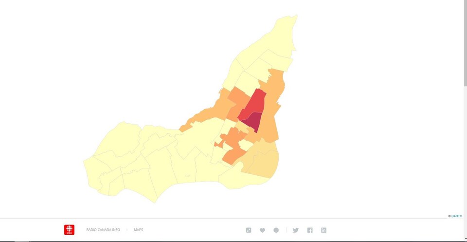 Carte avec des variations de couleurs pour montrer le nombre de personnes. 