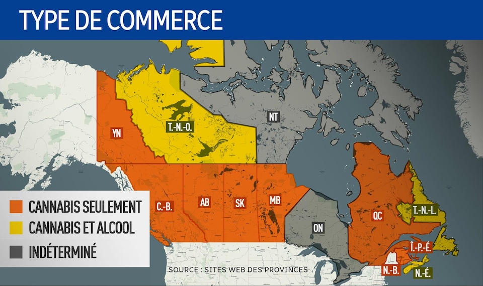 Carte montrant le type de commerce de cannabis privilégié dans chacune des provinces et territoires du Canada