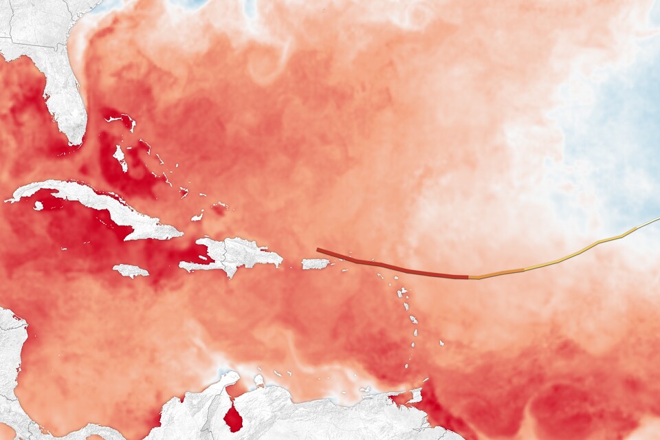 Les zones rouge pâle avoisinent les 28 degrés Celsius alors que les zones  foncées atteignent les 30 degrés Celsius. 