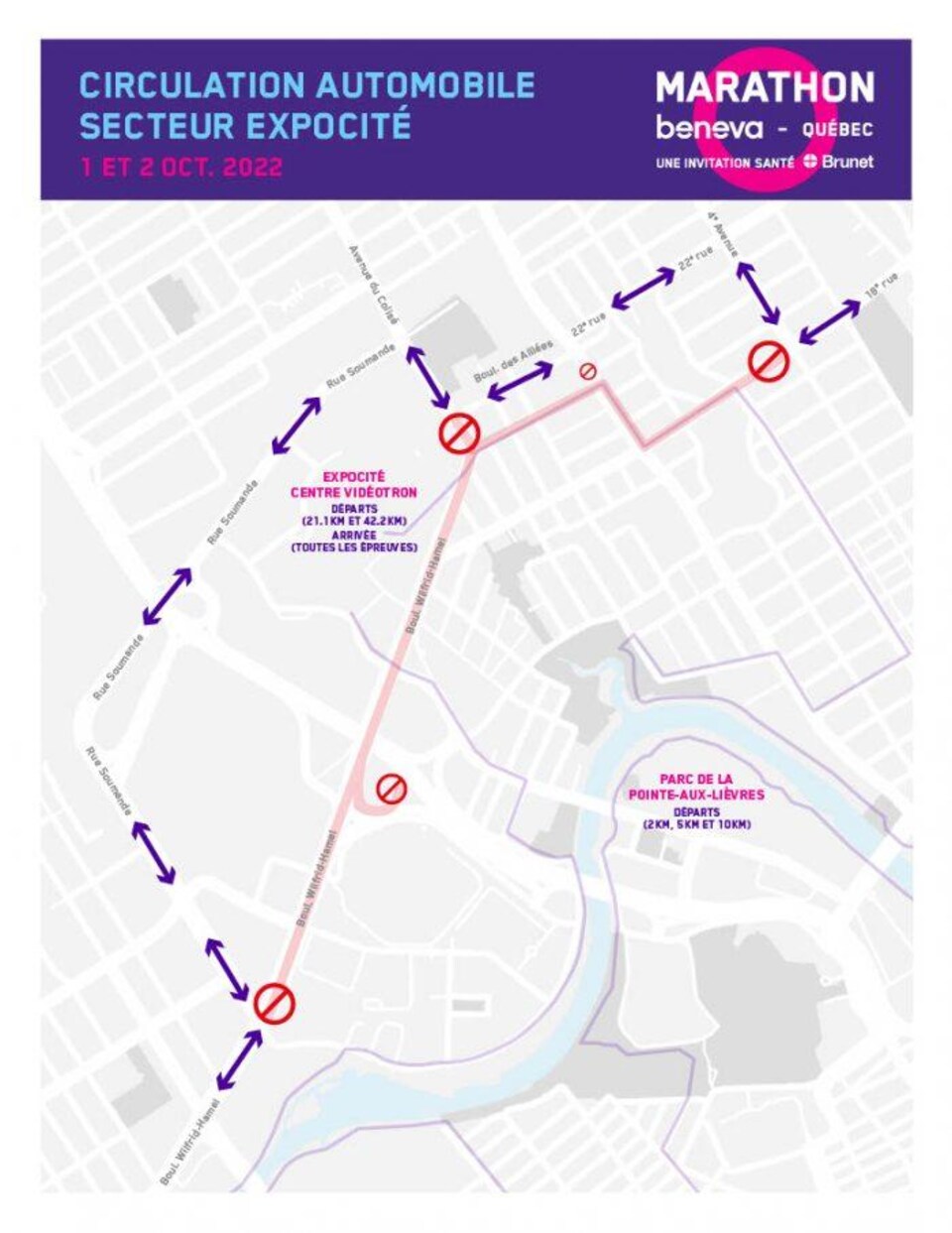 Carte indiquant les entraves à la circulation dans le secteur d'ExpoCité en vue du marathon Beneva.