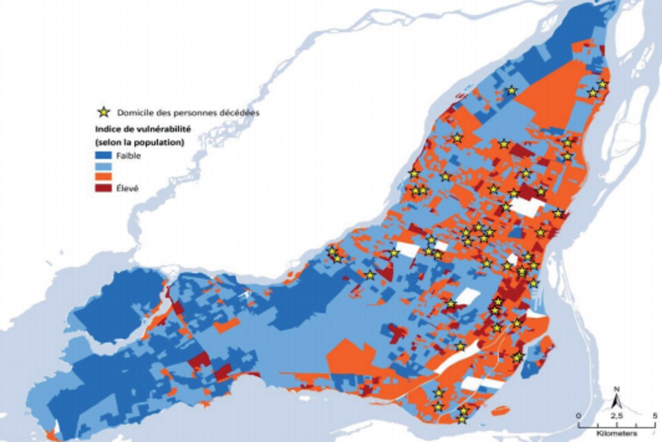 Carte indiquant les lieux où habitaient les personnes dont le décès est lié à la chaleur, ainsi que l'indice de vulnérabilité.