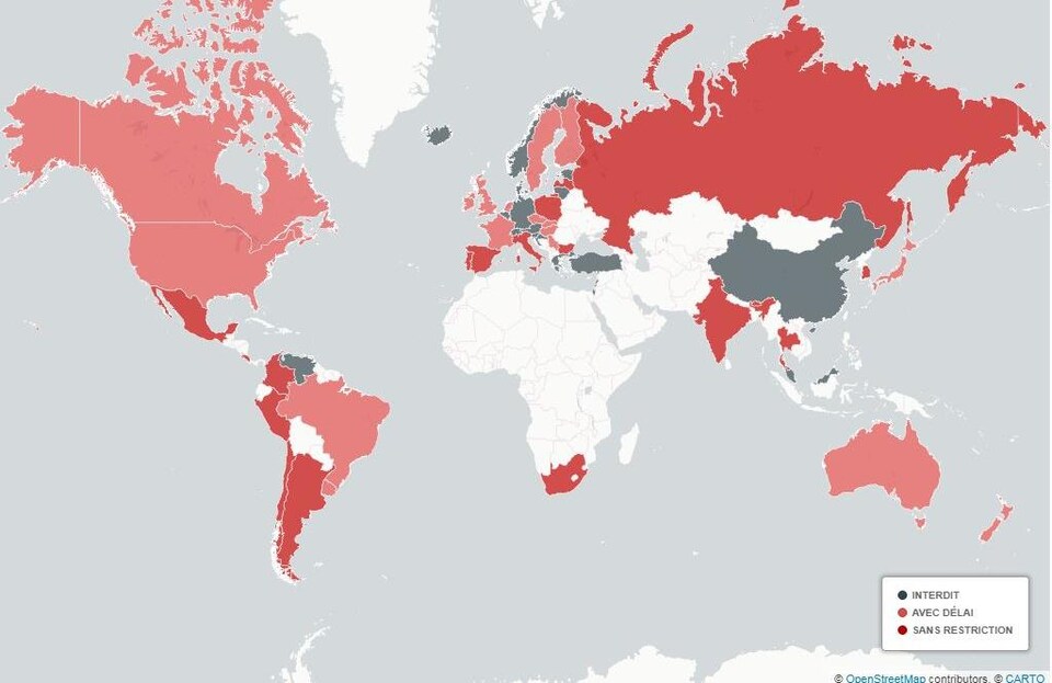 Carte des pays dans lesquels les homosexuels peuvent ou non donner du sang.