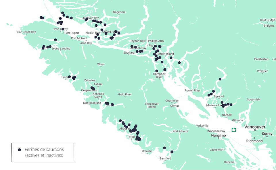 Carte avec les emplacements de fermes de saumons le long des côtes du continent et de l'île de Vancouver. 