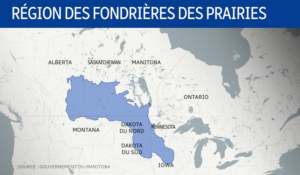 Une carte de l'Amérique du Nord avec une grosse tache au milieu, de l'Alberta à l'Iowa.