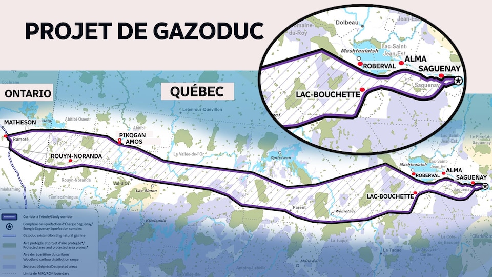 Une carte qui présente un large corridor où pourrait passer un gazoduc de 750 kilomètres de longueur.