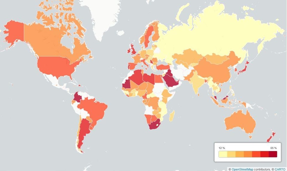 Carte de l'inactivité par pays.