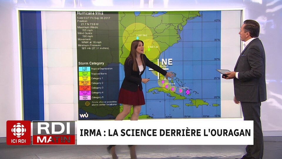 Julie Emond, journaliste et géographe, explique à l'animateur de RDI Matin, Marc-André Masson, de quelle façon les vents d'un ouragan touchent une cible.