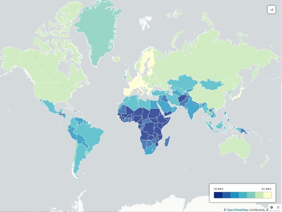 Carte du monde montrant l'âge médian des pays.