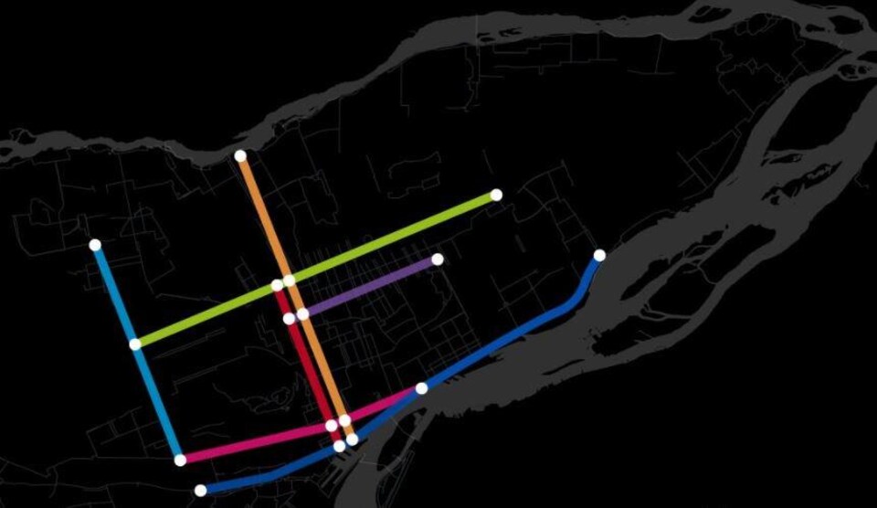 Carte représentant le réseau de liens cyclables sécurisés que promet Projet Montréal, avec sept grands axes sur l'île de Montréal.
