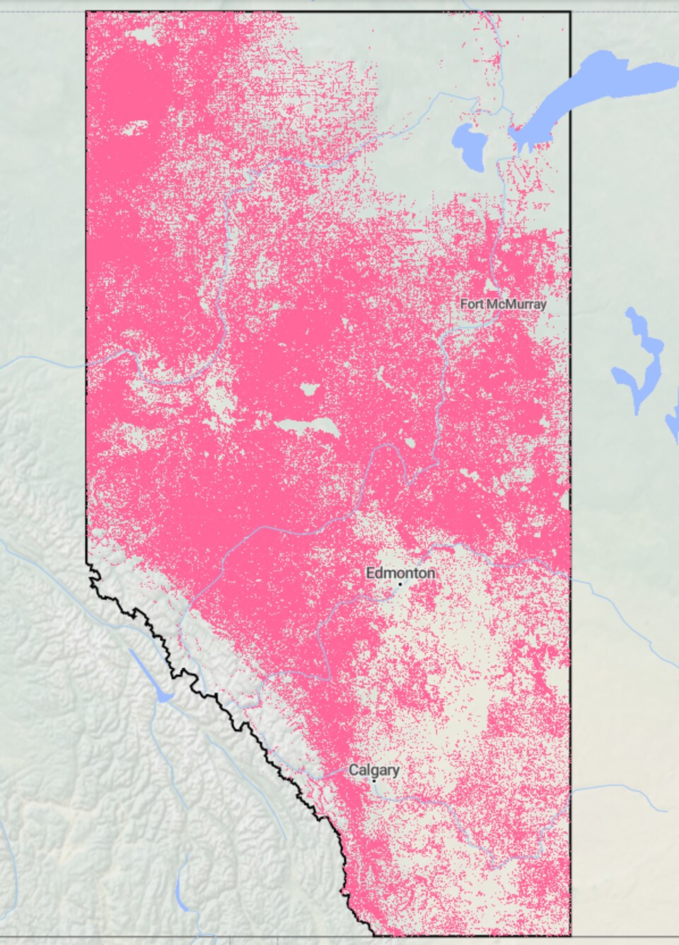 Carte de l'Alberta montrant que la province est couverte de lignes sismiques.