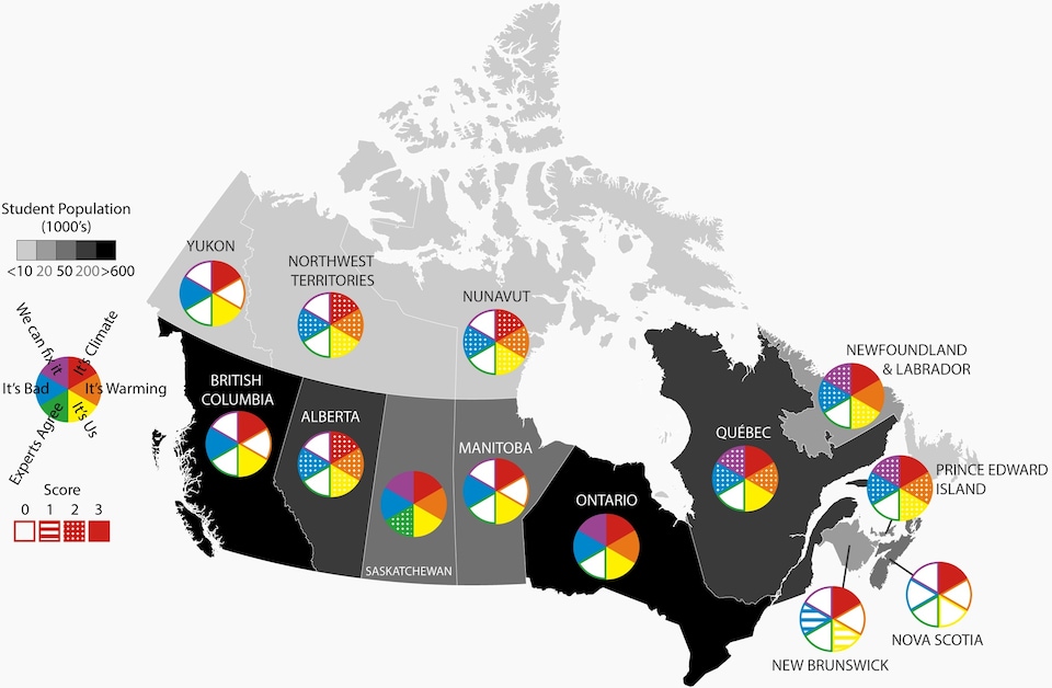 Carte du Canada montrant de façon schématique l'enseignement des changements climatiques au secondaire dans chaque province.
