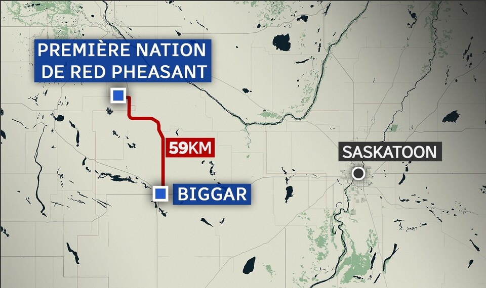 Une carte de la Saskatchewan. La Première Nation de Red Pheasant est à 59 kilomètres au nord de la municipalité de Biggar, à l'ouest de Saskatoon. 