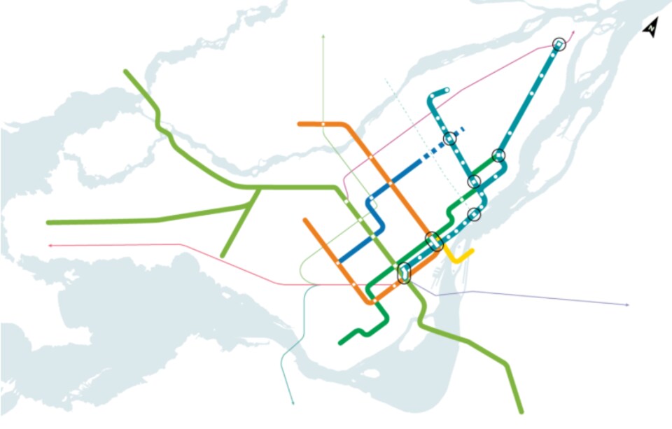 Une carte des réseaux du REM, du métro, du train de banlieue et du SRB.