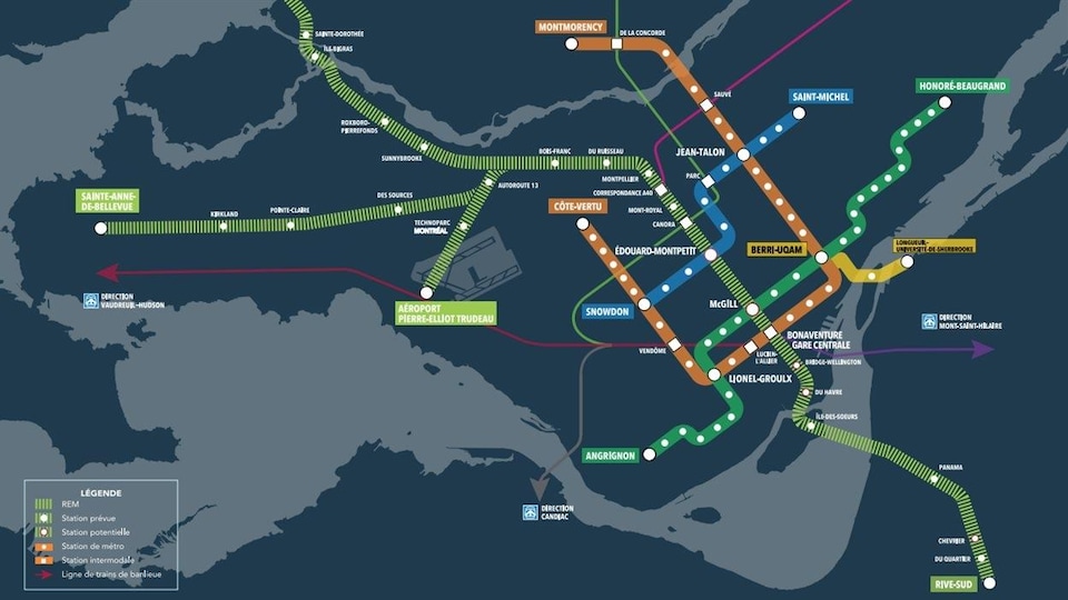 Le REM reliera à la fois le centre-ville de Montréal, la Rive-Sud, l'Ouest-de-l'Île (Sainte-Anne-de-Bellevue), la Rive-Nord (Deux-Montagnes) et l'aéroport.. 