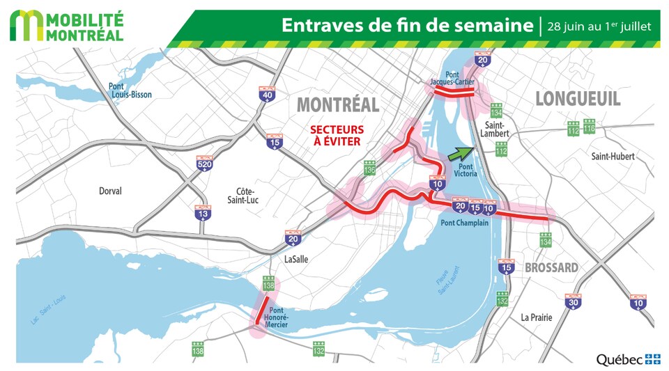 Carte des secteurs à éviter sur les routes de Montréal.