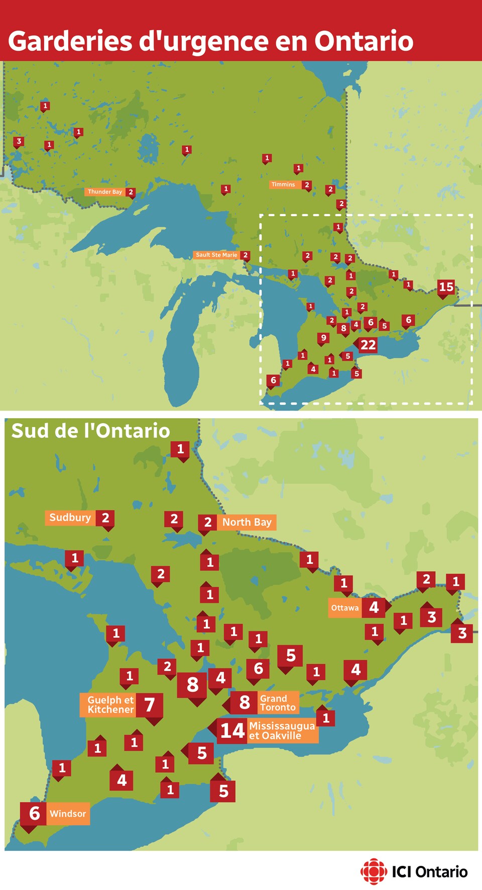 Une carte de l'Ontario et une du Sud de l'Ontario illustrent la répartition des centres de garde d'urgence. 